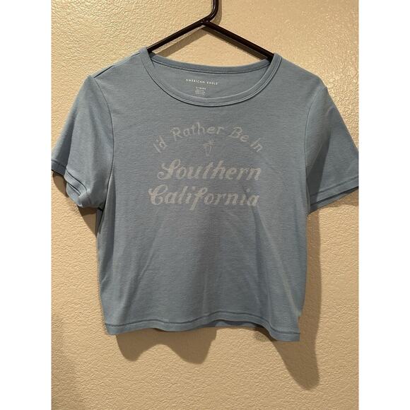 American Eagle cropped tee sz XL I’d rather be in Southern California light Blue - Picture 1 of 2